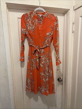 Nanette Lepore Orange Floral Long-Sleeve Midi Dress